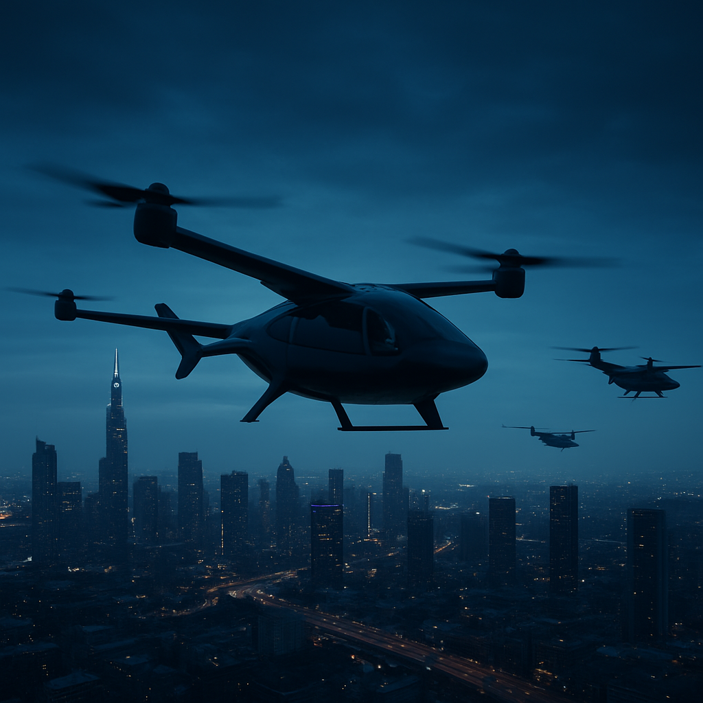 eVTOL air taxis flying over a futuristic city skyline at blue hour