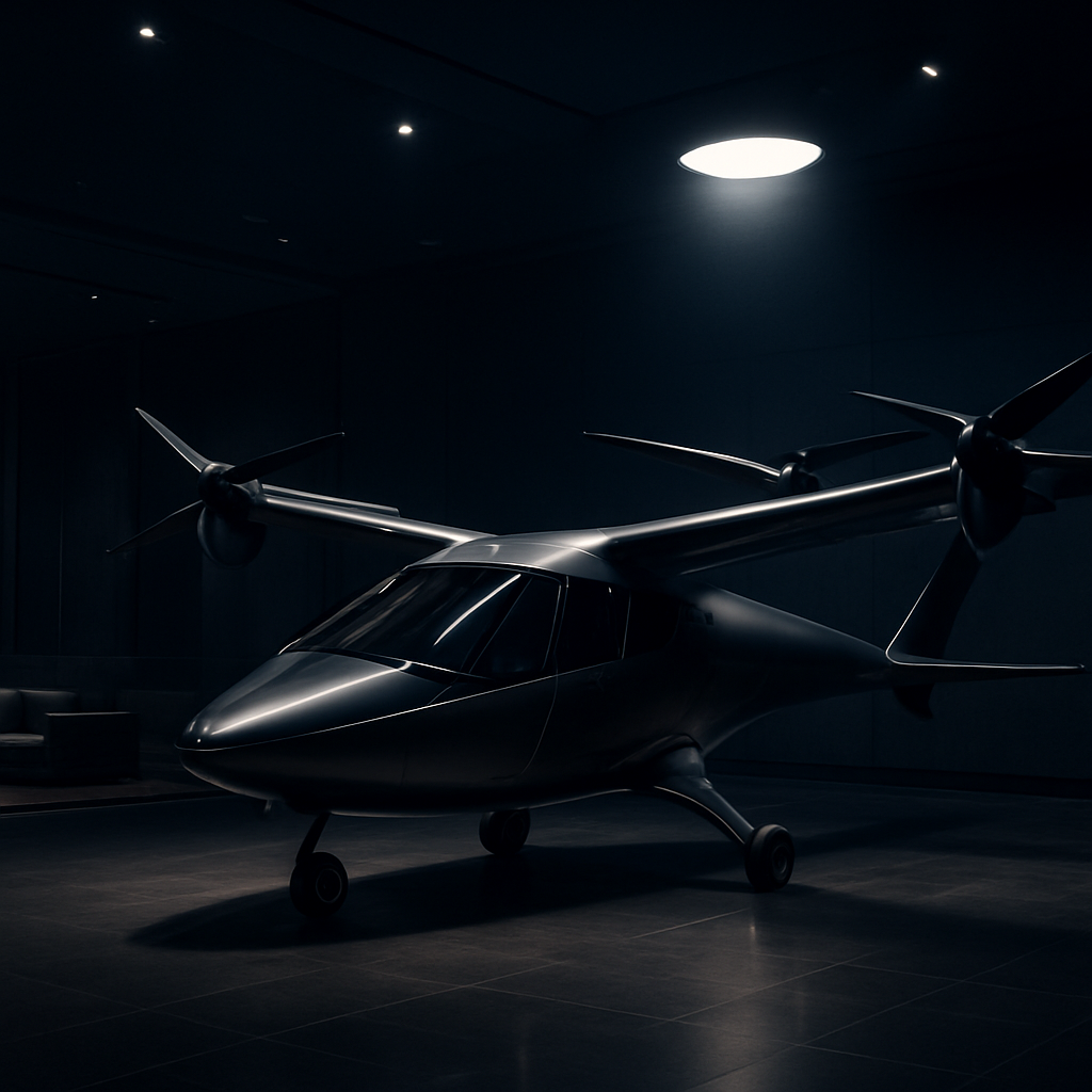 Polished eVTOL aircraft on display in a premium dealership showroom