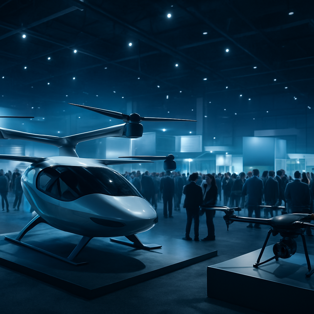 An aerospace technology expo floor with eVTOL aircraft and drones on display and professional attendees networking