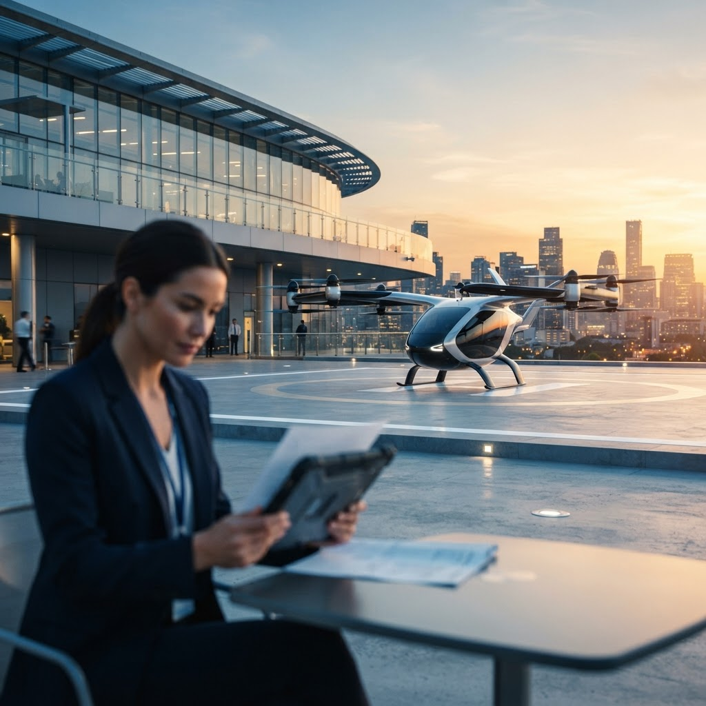 An eVTOL air taxi parked at a vertiport at golden hour