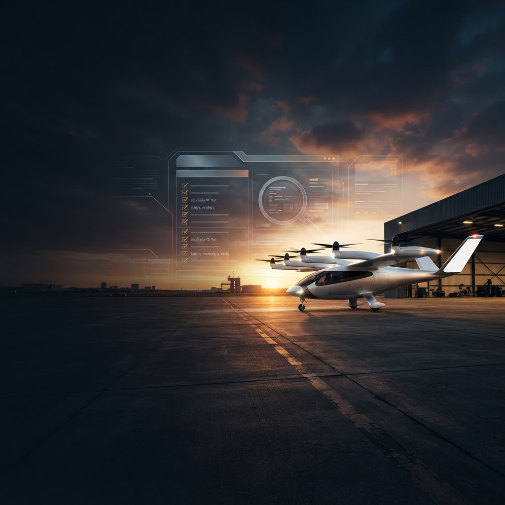 An eVTOL aircraft on a tarmac at golden hour with a translucent inspection report overlay
