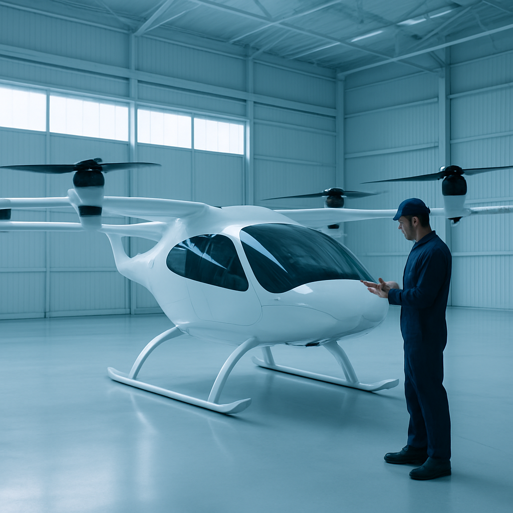 A pristine eVTOL aircraft being inspected safely in a bright hangar