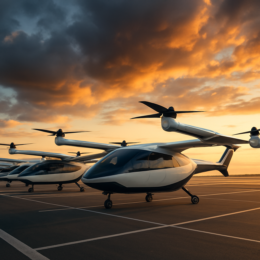 A fleet of eVTOL air taxis lined up on a vertiport tarmac at golden hour