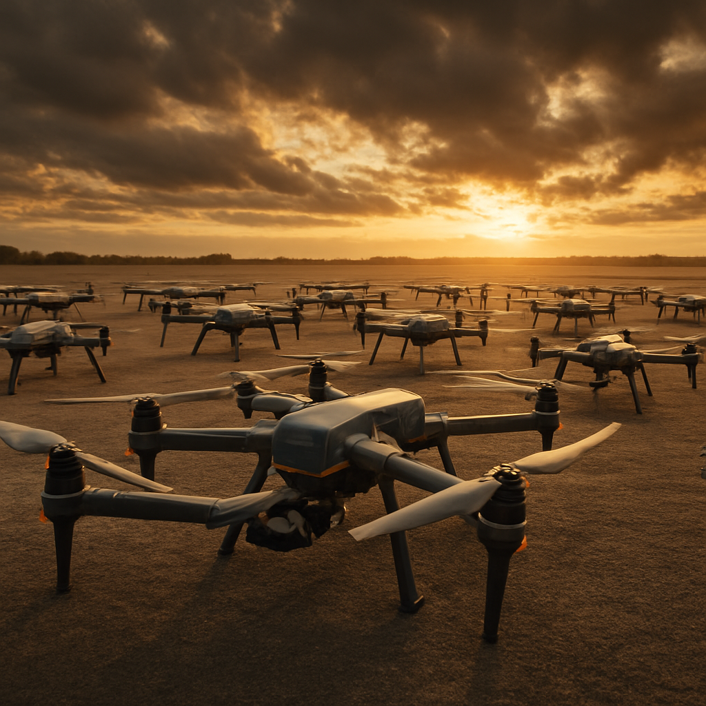 A fleet of commercial drones and uncrewed cargo aircraft on an operations field at golden hour
