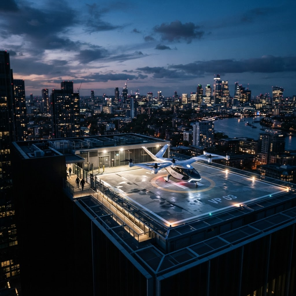 White eVTOL air taxi on a vertiport pad at dusk with a city skyline