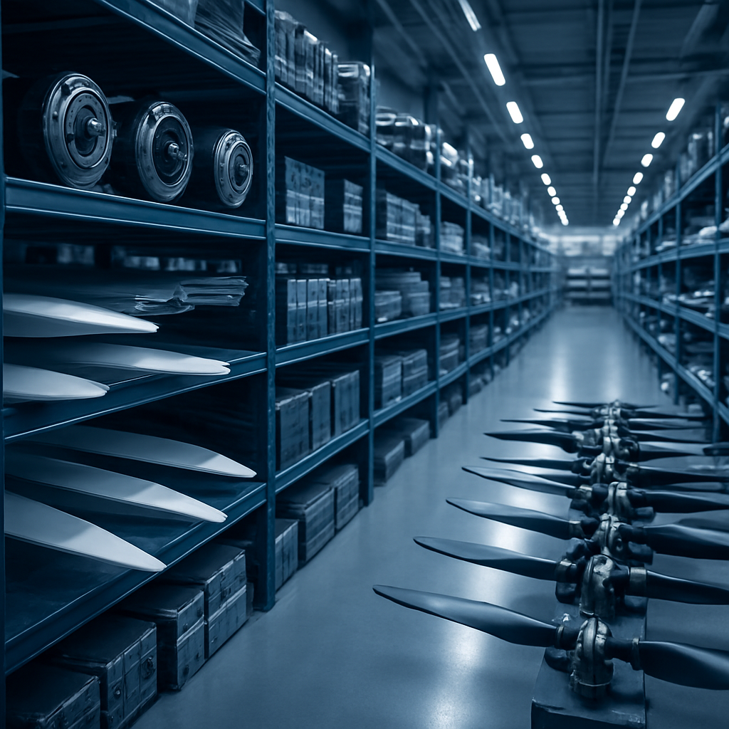 An organized warehouse of electric aircraft parts including rotor blades, motors, and battery packs