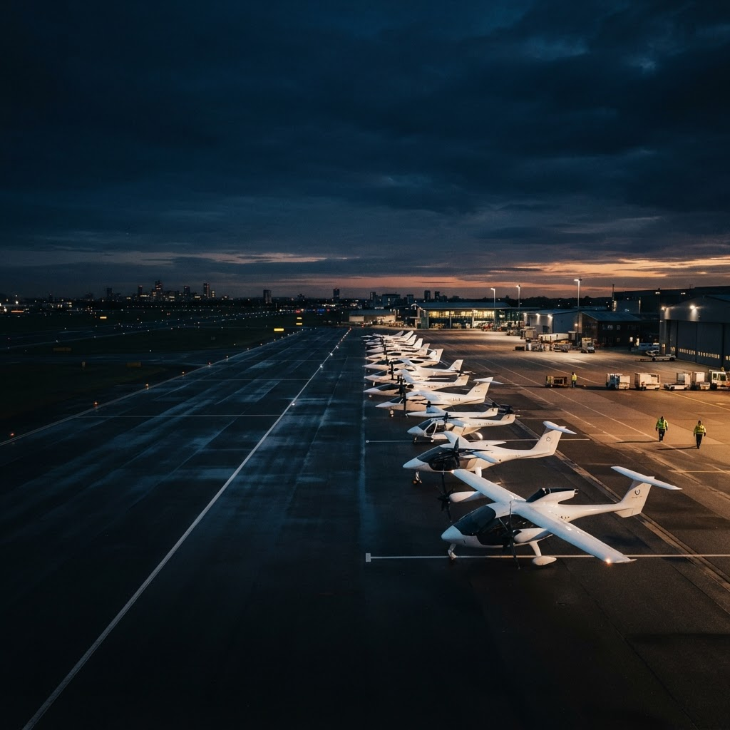 A fleet of white eVTOL and eSTOL aircraft lined up on a tarmac at twilight