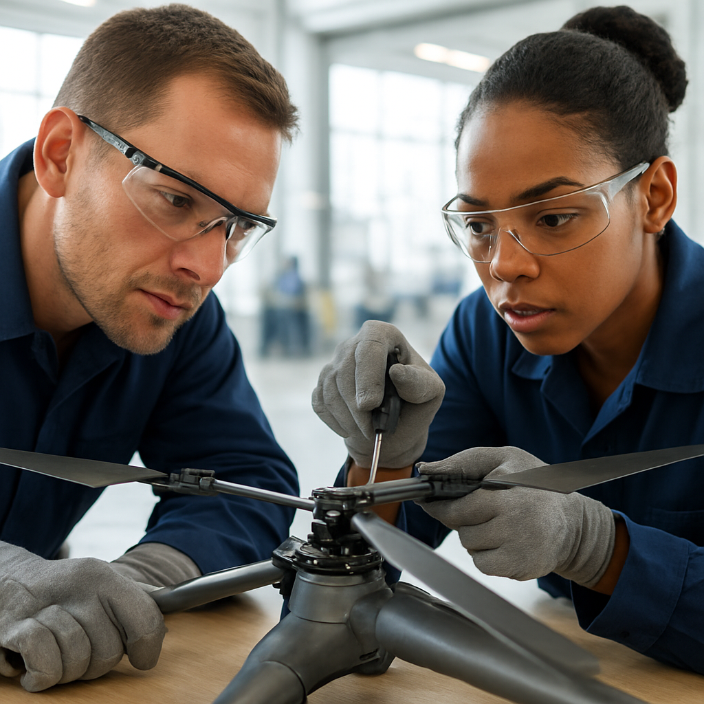 Aviation maintenance technicians inspecting a UAV rotor