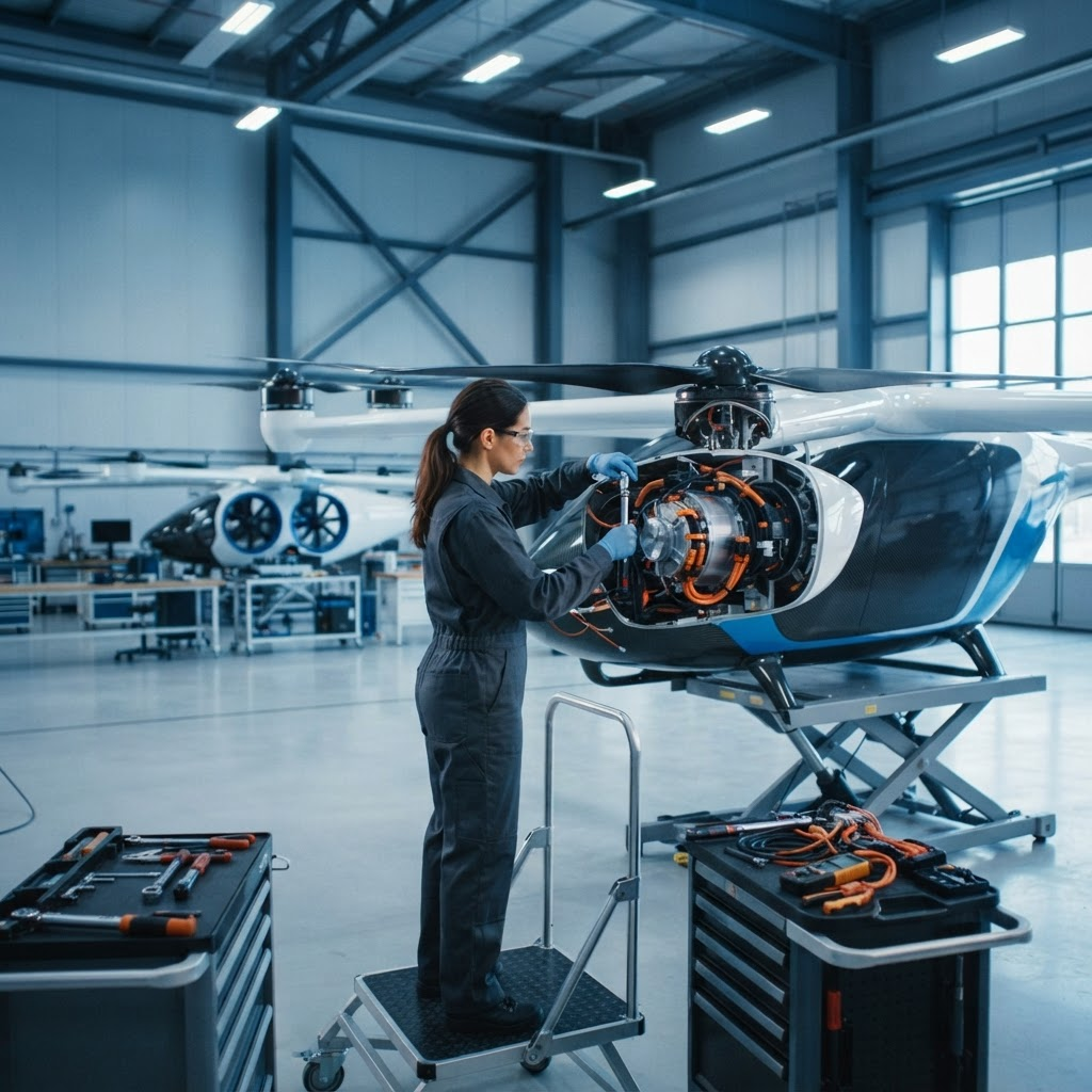 Certified maintenance technician servicing a crewed eVTOL air-taxi aircraft in a modern hangar