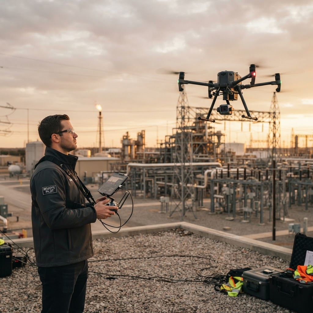 Commercial remote pilot operating an industrial inspection drone at golden hour