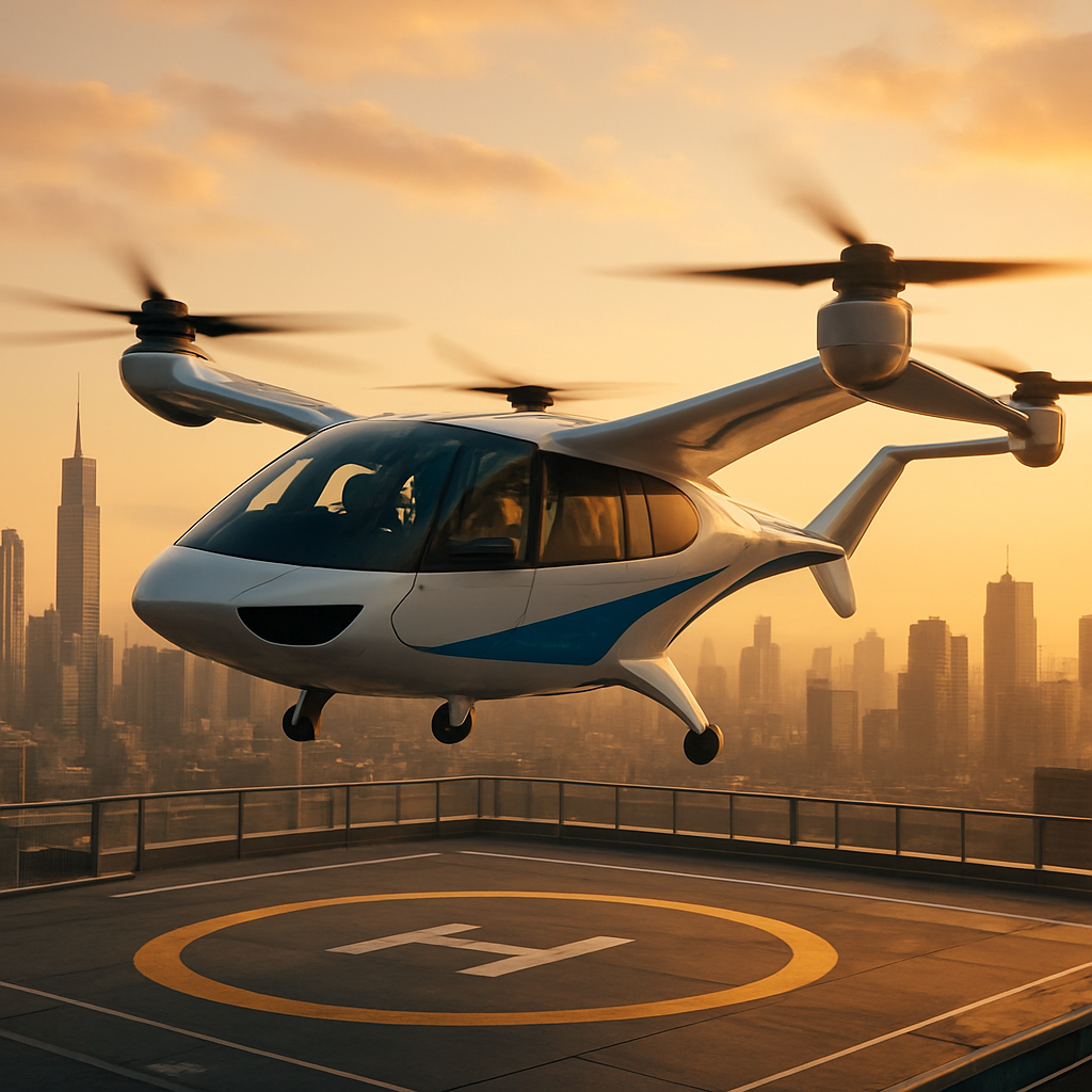 A white-and-blue eVTOL air taxi lifting off from a rooftop vertiport over a city at golden hour